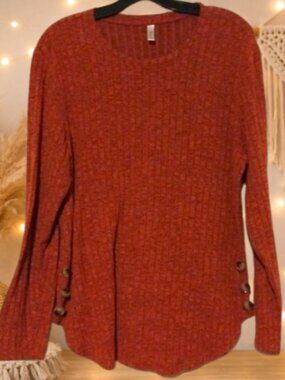 Yincra Ribbed Knit Sweater XL Cozycore Boho Button Hem Cottagecore Burnt Orange